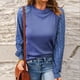 thumbnail image 2 of Jersey de punto de manga larga con costura de encaje de color sólido con cuello redondo informal para mujer Pompotops  qwe23717, 2 of 7