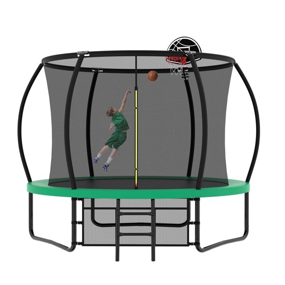 UIOWIO 10 ft Recreational Trampoline for Kids and Adults Outdoor Trampoline with Basketball Hoop Toddler Backyard Trampoline with Ladder,Enclosure Net,Storage Bag,Green