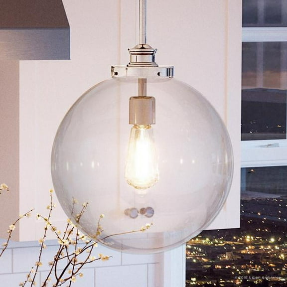 Urban Ambiance Luxury Transitional Pendant, Size: 15"H x 12"W, with Urban Industrial Style Elements, Polished Nickel Finish and Clear Shade, UHP2644