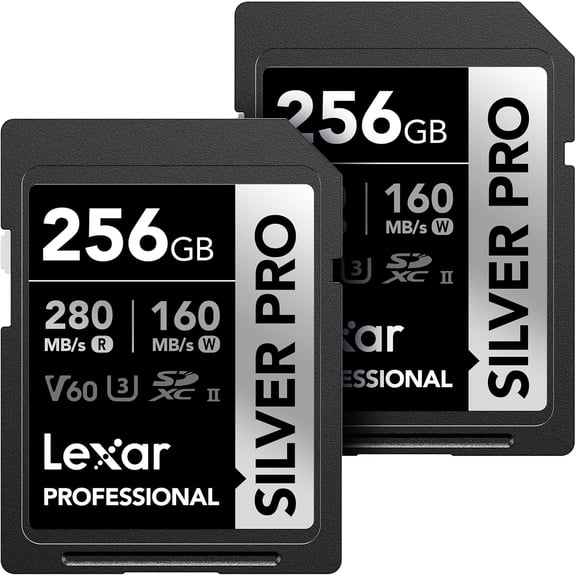 256GB (2-PK) Professional SILVER PRO SD Card, UHS-II, C10, U3, V60, Full HD, 4K, Up To 280MB/s Read SDXC Memory Card, for Professional Photographer, Videographer, Enthusiast (LSDSIPR256G-B2NNU)