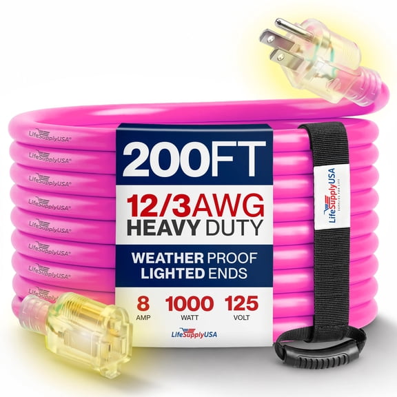 200ft Outdoor/Indoor Extension Cord 12/3 Gauge Extra Heavy Duty 3 Prong SJTW, Waterproof, Flexible Cold-Resistant Long Power Cord,8A 125V 1000W, Neon Pink by LifeSupplyUSA