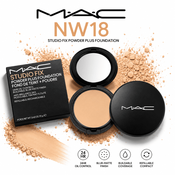 MAC Studio Fix Powder Plus Foundation NW18 | 24-Hour Oil Control | Buildable Medium-to-Full Coverage | Blur-Matte Finish | Refillable Compact | 0.42 oz / 12 g