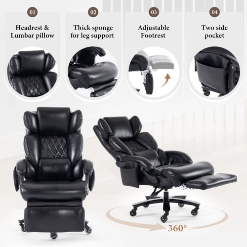 Bellemave Big and Tall Office Chair 400LBS Ergonomic Gaming Chair with High Back 360 Swivel & Headrest Footrest 150° Reclining Adjustable backrest Armrests Pockets and Pillow, Black