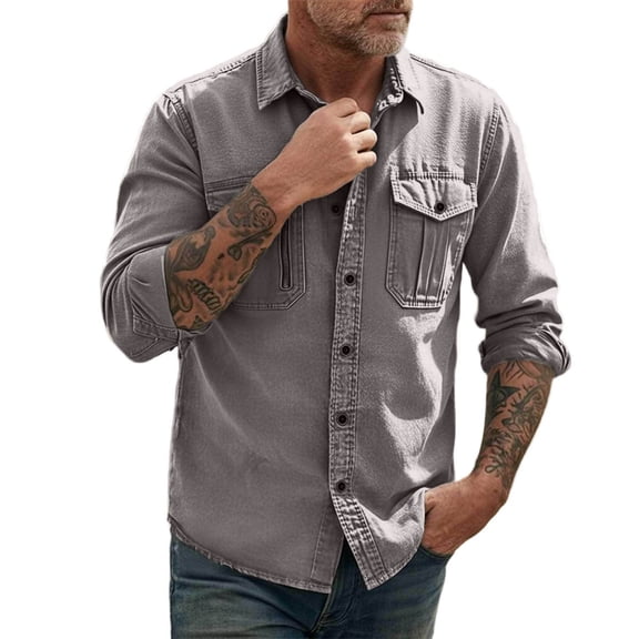 Long Sleeve Shirts for Men Fashion Turndown Collar Solid Color Casual Button Front Shirt With Zipper Pockets Outdoor Sports Tops