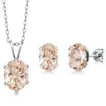 Gem Stone King 2.30 Cttw Peach Morganite Solitaire Pendant Earrings Set for Women | 925 Sterling Silver | Gemstone Birthstone | Oval 8X6MM and 7X5MM | With 18 inch Chain
