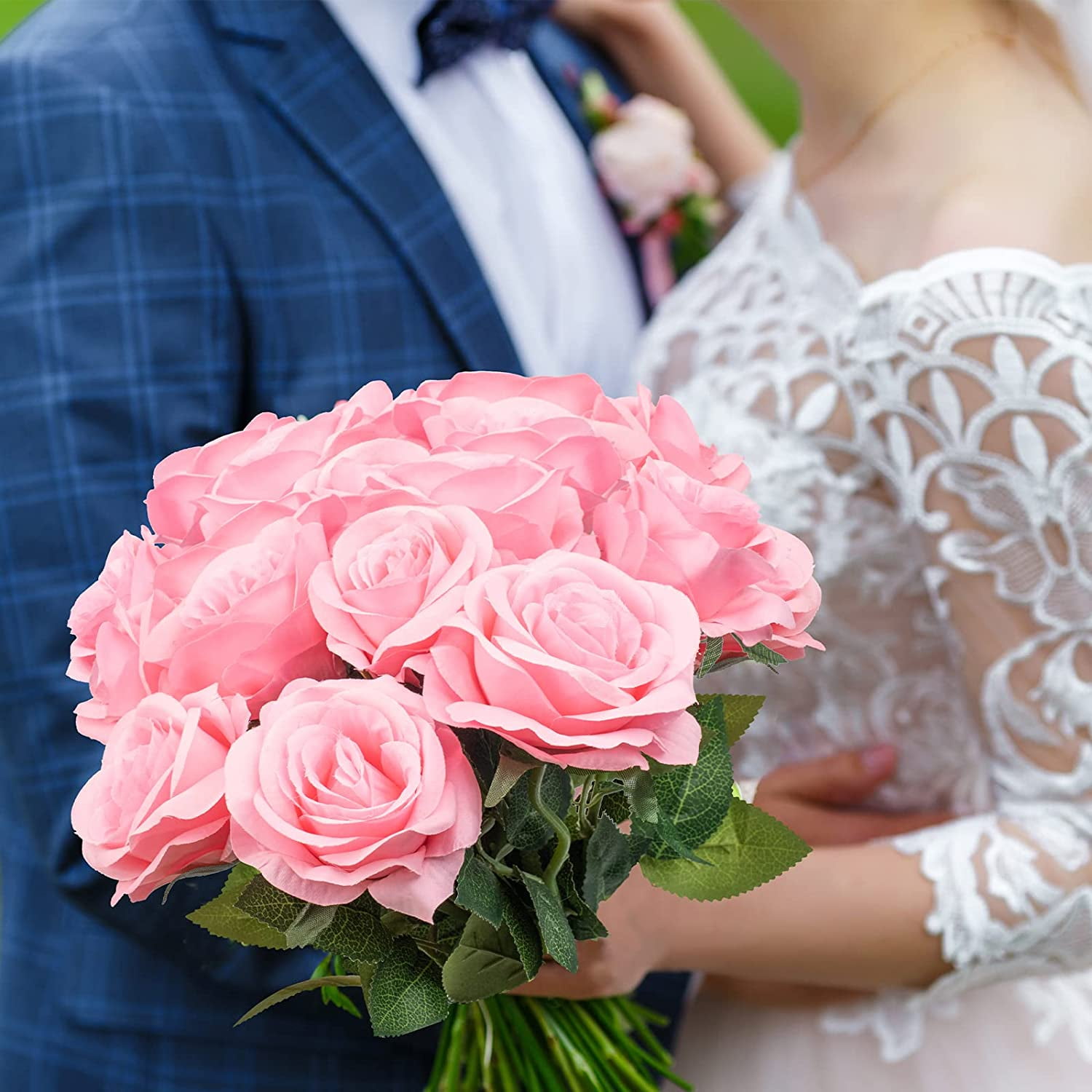 Mocoosy 12PCS Pink Roses Artificial Flowers for Decoration, Pink Fake Silk Roses Single Stem Flowers Artificial Bouquet for Wedding Birthday Party Arrangment Centerpiece Home Table Decor