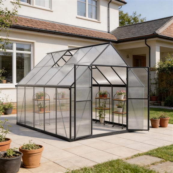 ALAULM 8x10 ft Outdoor Polycarbonate Greenhouse with Aluminium Frame, Walk-in Greenhouse with Drainage Channel, 2 Adjustable Roof Vents, Lockable Double Doors for Garden Backyard Patio Lawn