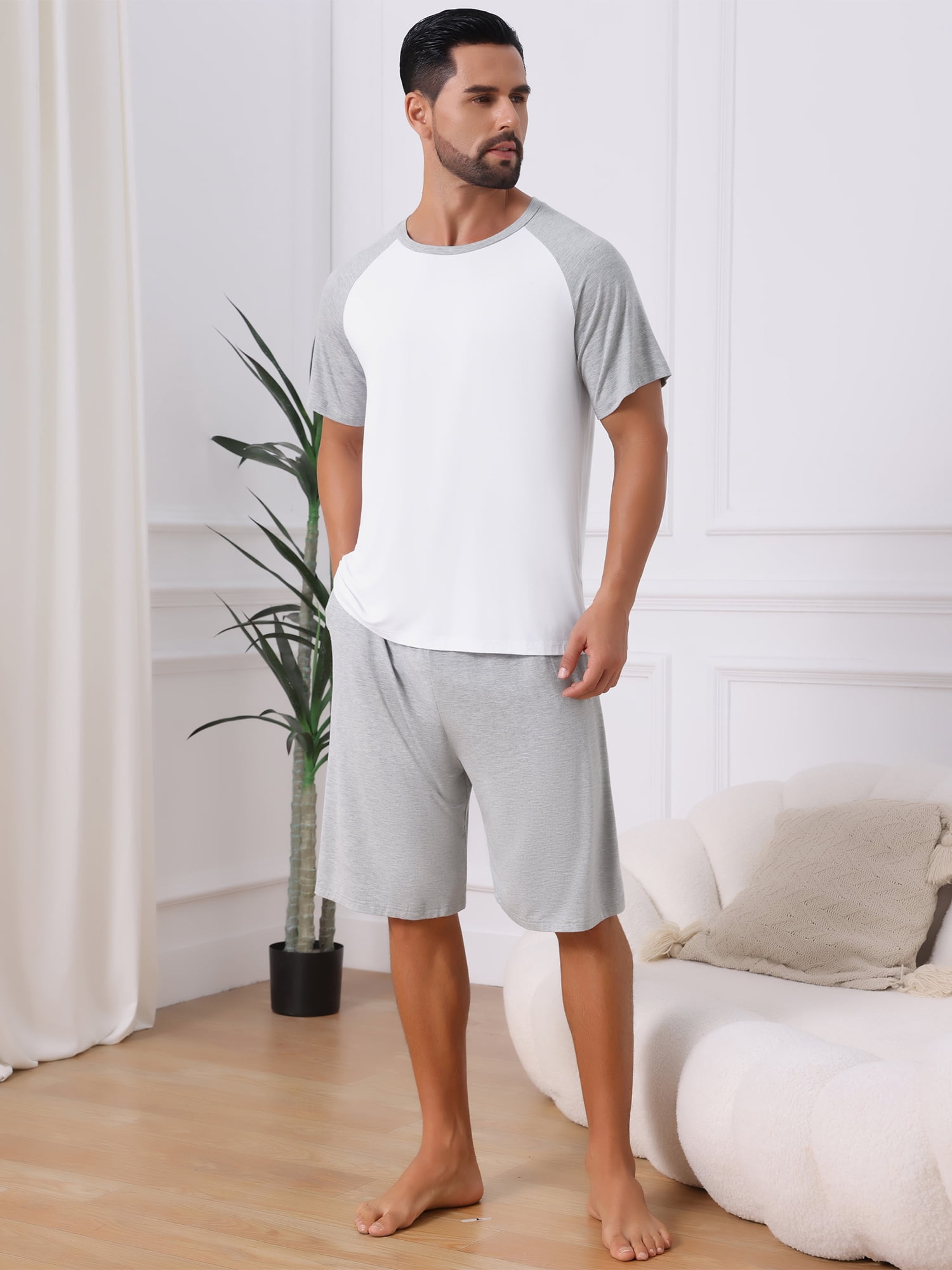 DARING DIVA Men's Sleepwear Pajama Raglan Crew Neck Drawstring Pajama Set L Gray White