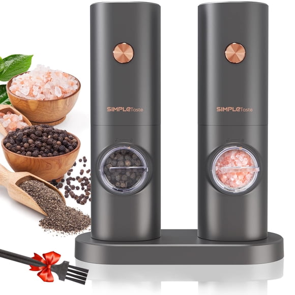 SIMPLETASTE Ensemble de Moulins à Sel et Poivre Électriques, à une Main, Alimenté par Batterie, Mouture Réglable, Lumière LED, Moulins à Poivre avec Support, Assaisonnement