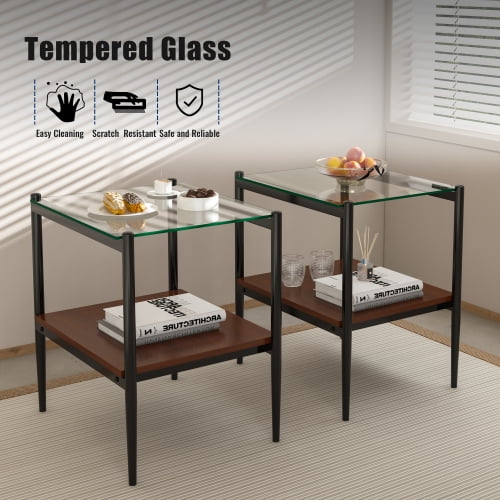MOONMISS 2 Pack Rectangle End Table, Tempered Glass Top Side Table with MDF Frame, Modern Transparent Glass Accent Table for Living Room, Bedroom, Home Decor, Brown