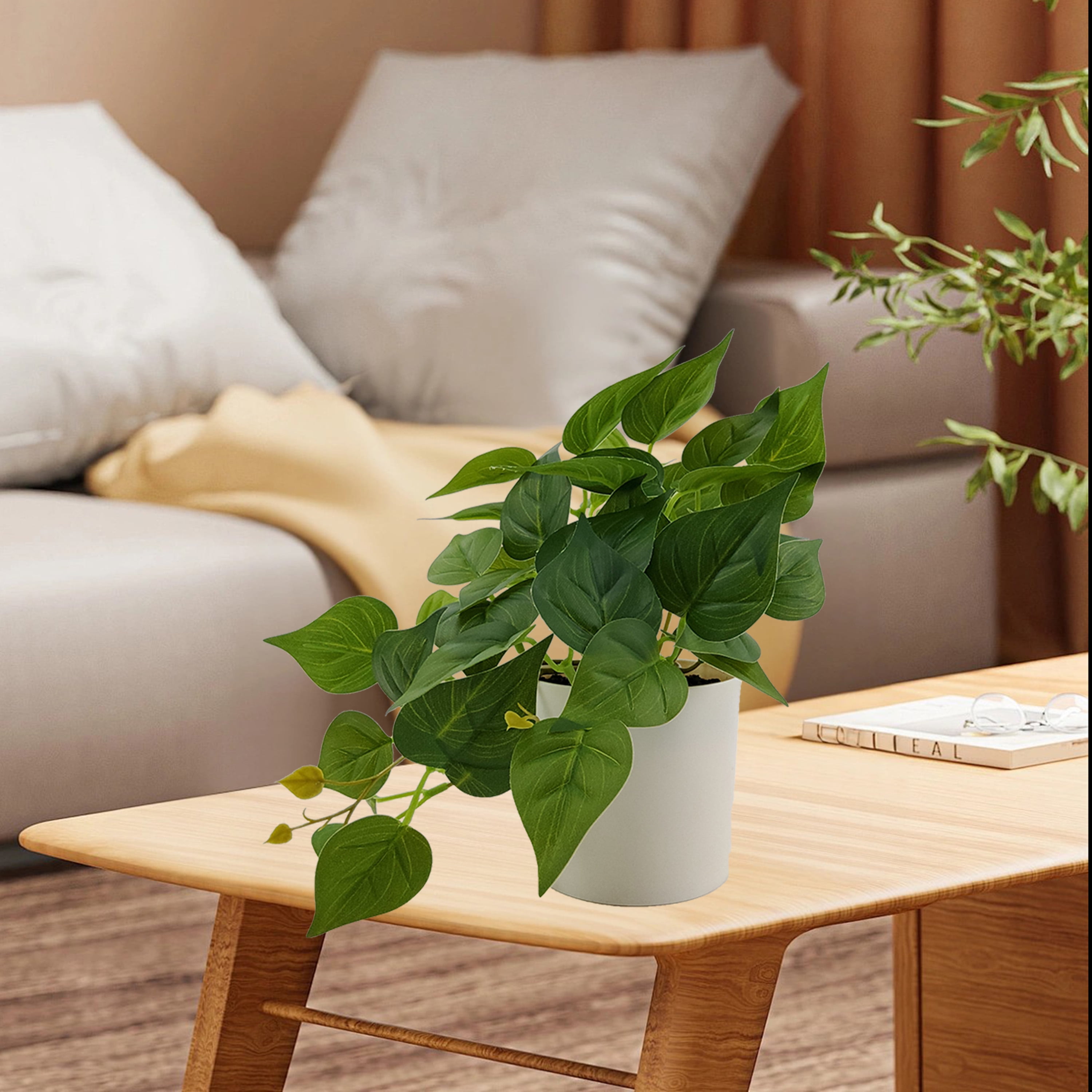 Mainstays Indoor 8''H Artificial Trailing Pothos Plant in White Plastic Pot, Green Color.