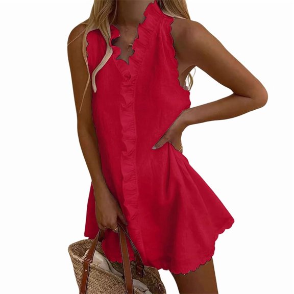 Women's Sleeveless Mini Tank Dresses Sundress Dress for Casual Red S