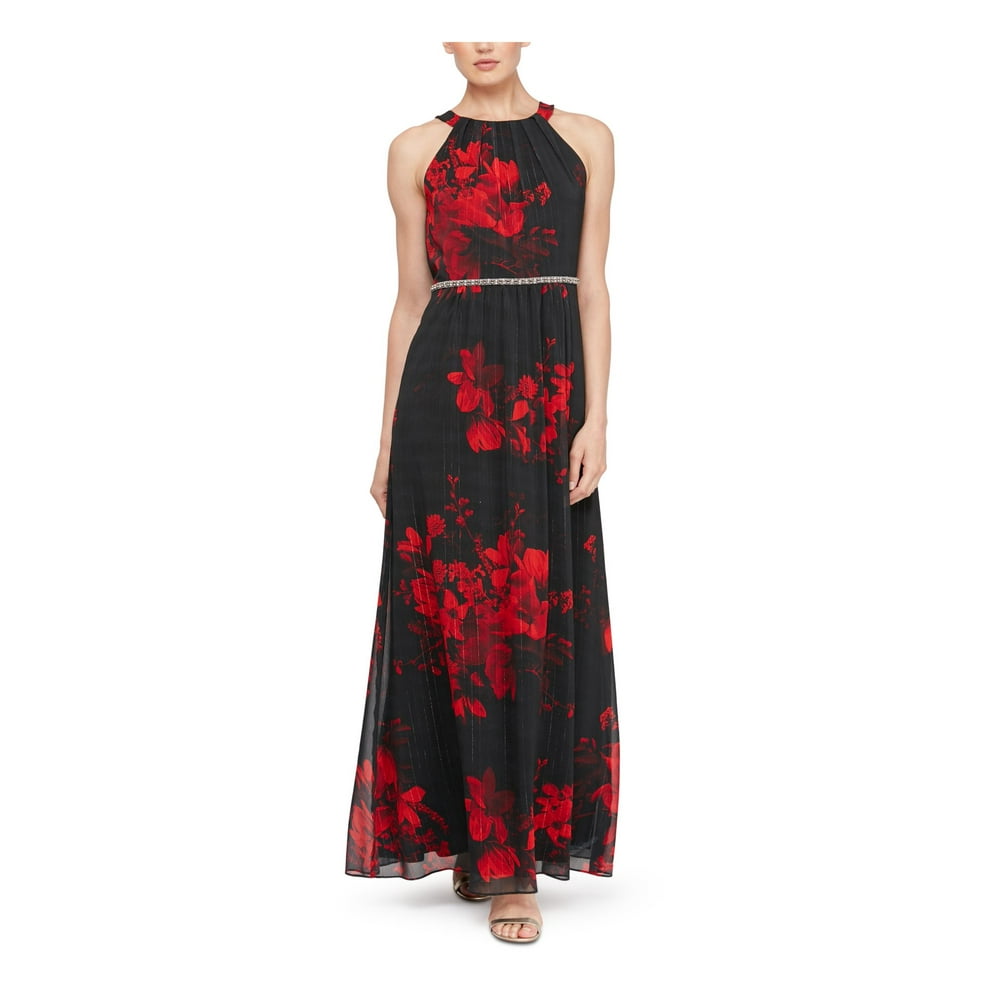 SLNY - SLNY Womens Red Belted Rhinestone Floral Sleeveless Halter Maxi ...