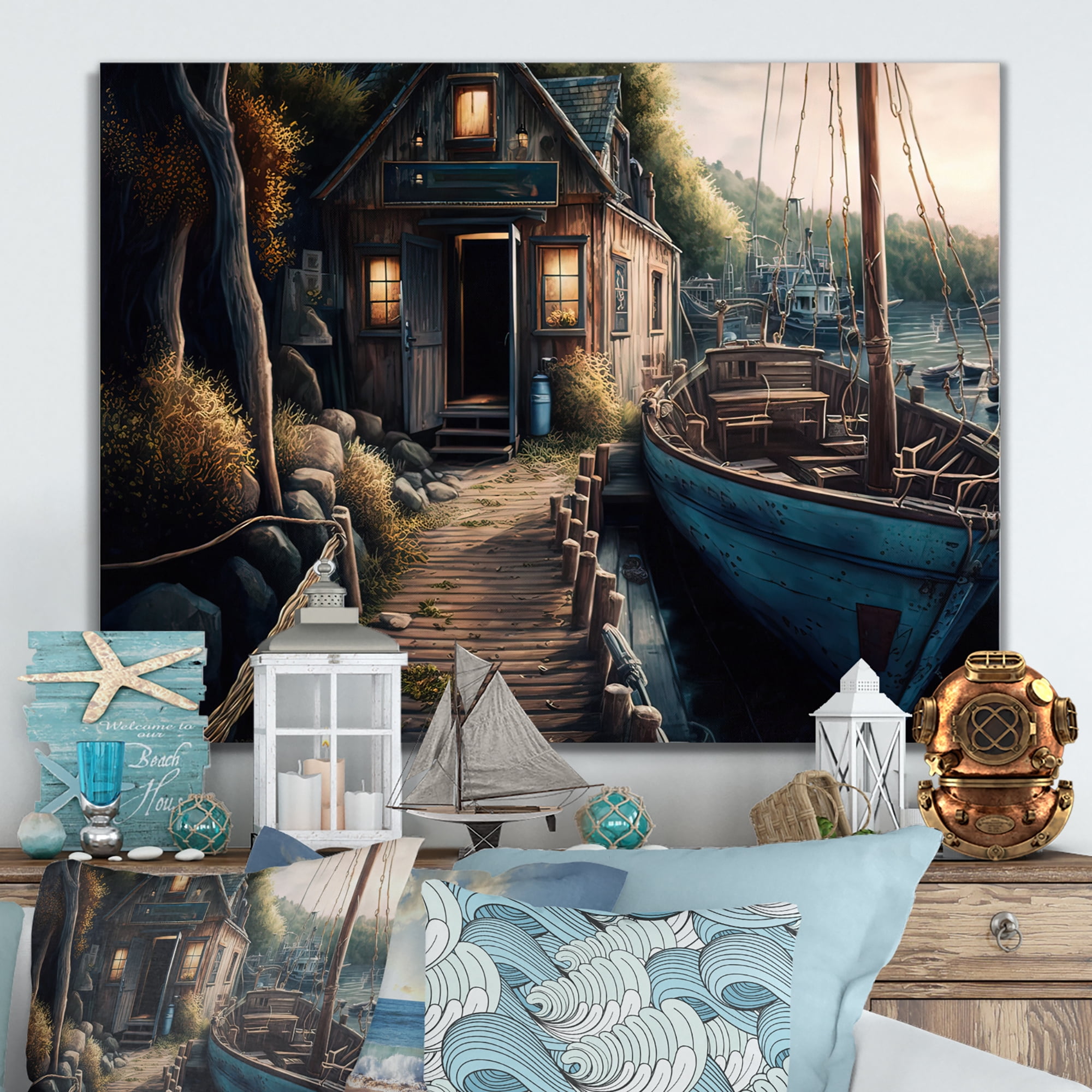Designart Rustic Port With A Fishing Boat II Canvas Wall Art