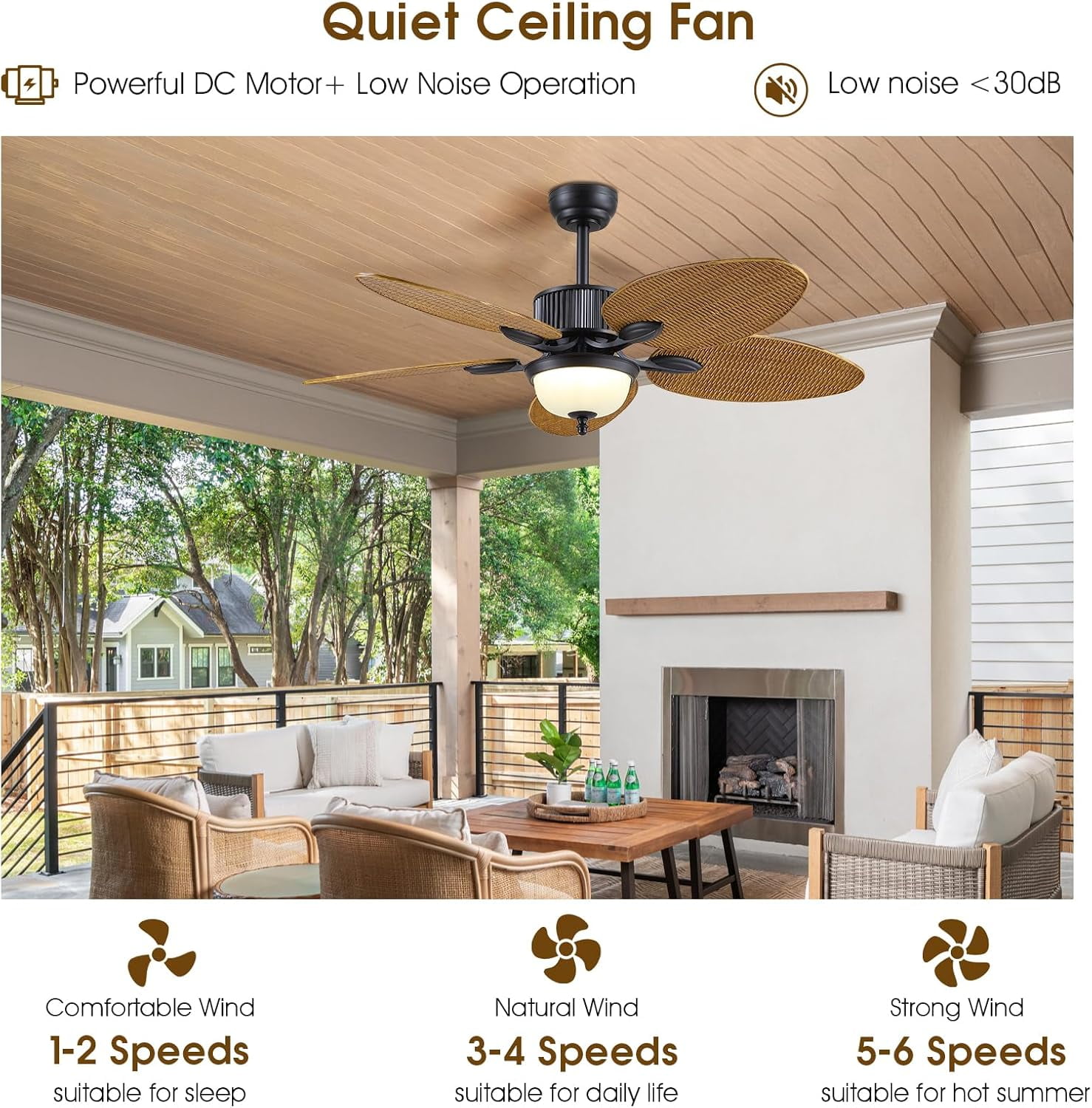 50 Inch Tropical Ceiling Fan with Light & Remote Control, Waterproof Palm Leaf Ceiling Fan for Patio, Porch, Gazebo, Outdoor, 6 Speeds, Quiet Operation, LED Light, Wet Rated, Brown with Glass, 41W