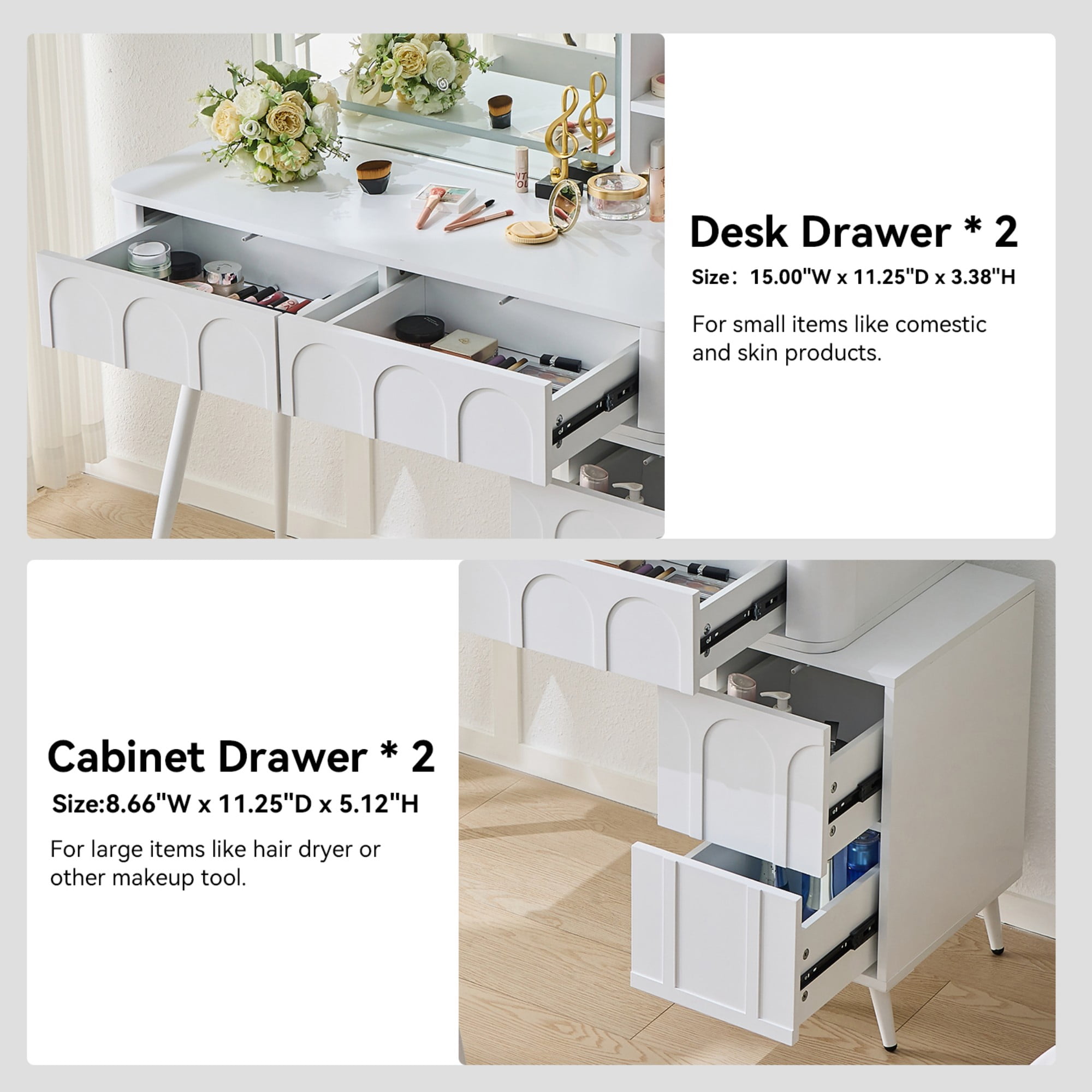 AENKYO Vanity Table Set with LED Lighted Mirror, 4 Drawers, Makeup Table with Movable Side Cabinet & Stool, White