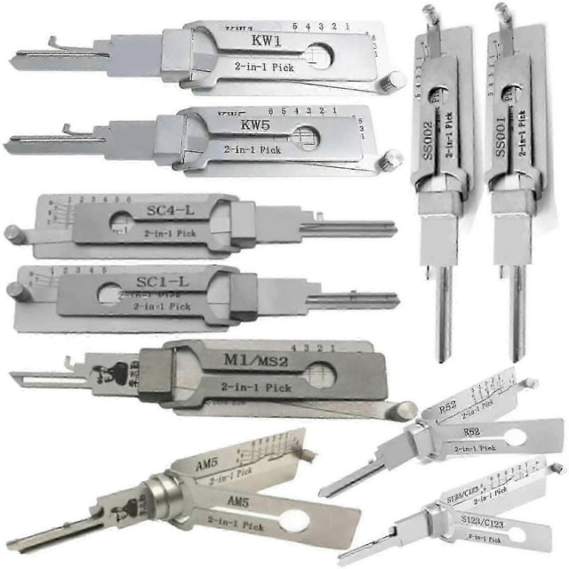 2 in 1 lishi tool compatible with sc1 sc4 kw1 kw5 am5 m1/ms2 ss001 nsn14 cy24v.2 fo38 gm37 gm39, multiple silver hardened-steel 2-in-1 lock picks arranged on white background, each labeled with model codes (KW1, KW5, SC4-L, SC1-L, M1/MS2, AM5, SS001, SS002), slim rectangular chrome-plated bodies with fold-out pick blades and tensioner levers, packing size 15 x 5 x 1 cm, weight 78 g; not for beginners per product notes, lightweight in a single manual tool set and often used as a compact kit for on‑the‑go locksmithing tasks.