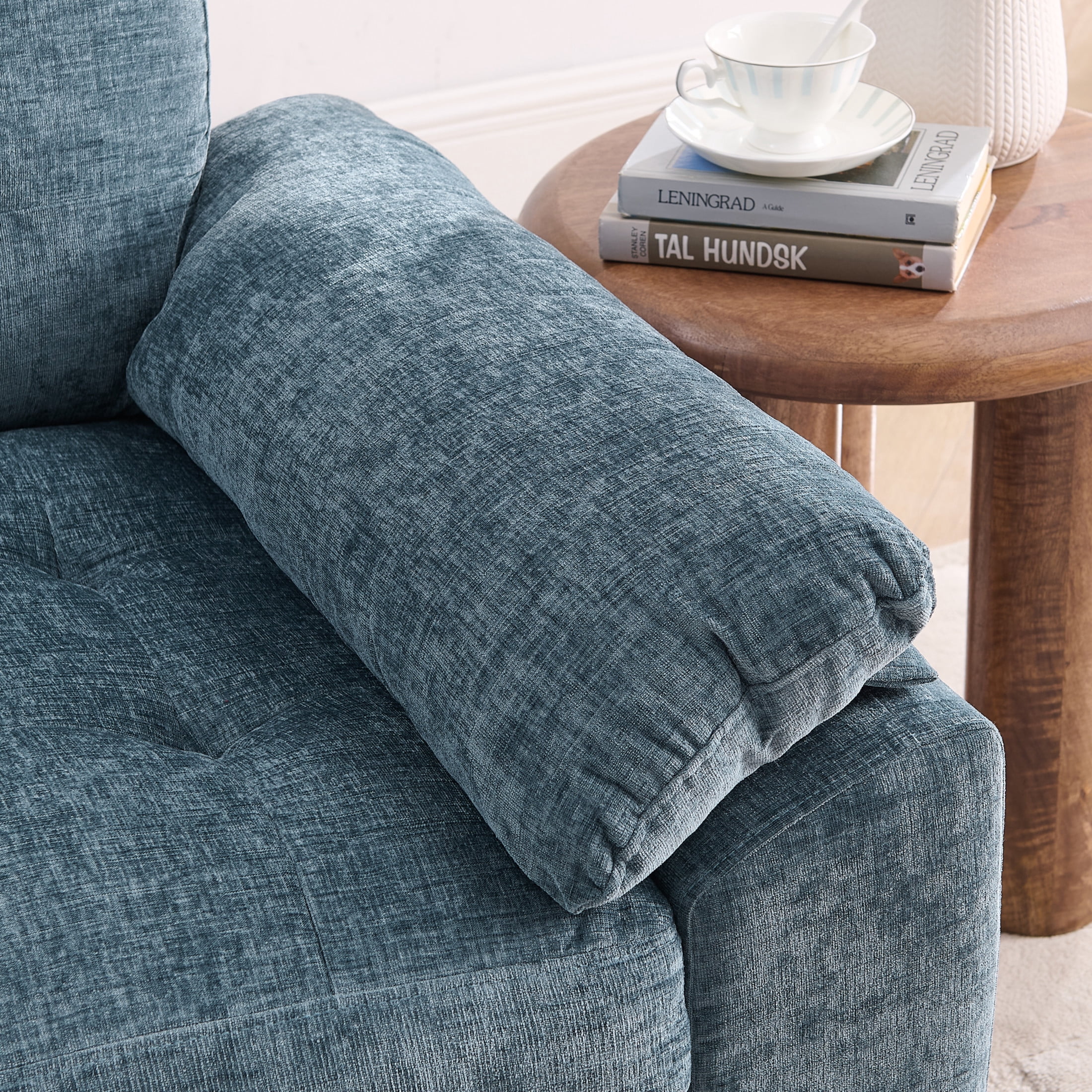 Noble House Wesley Double Sofa Recliner, Adjustable Chenille Fabric Chair with Charging Port and Storage Ottoman, Blue