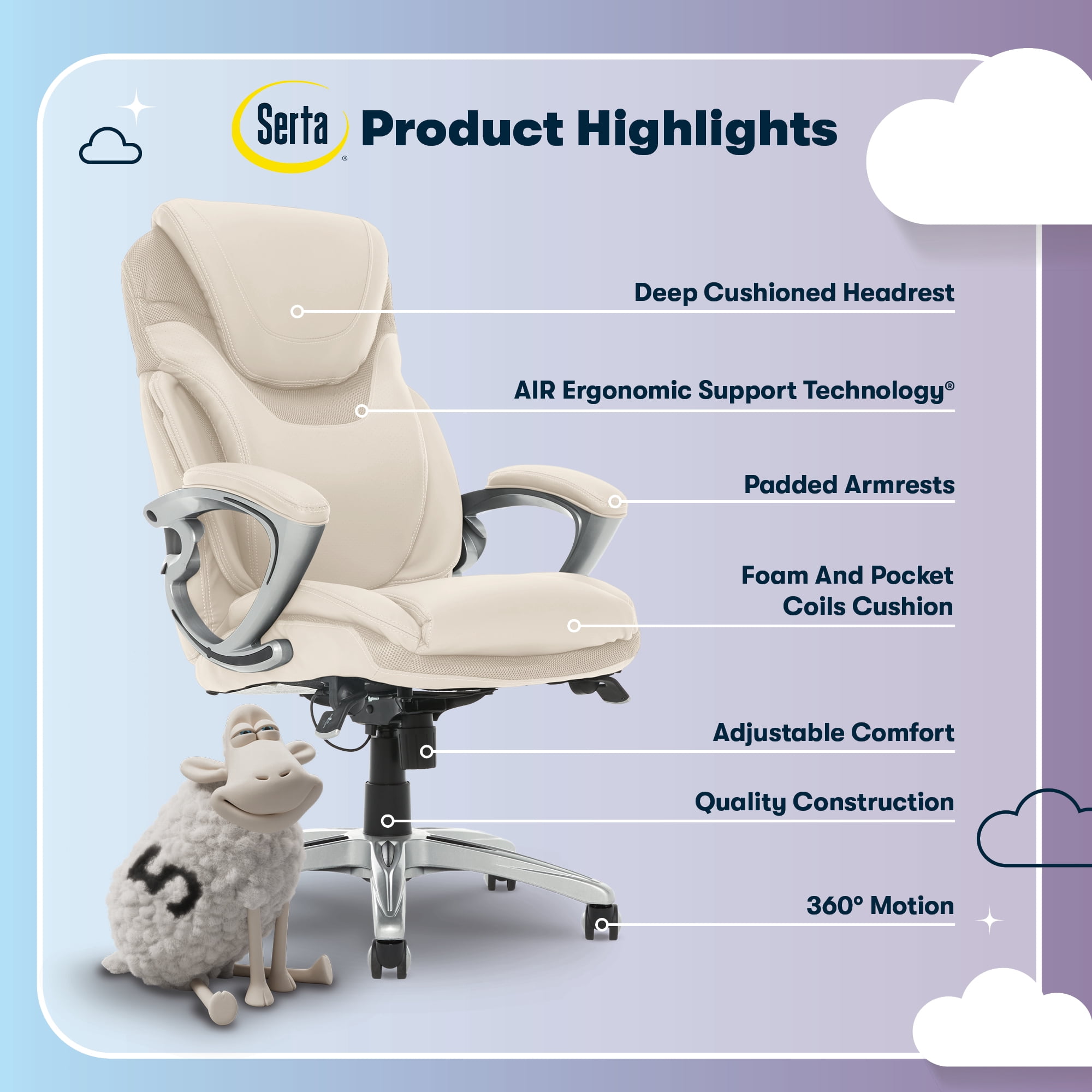 Serta Bryce Executive Office Chair, Ergonomic Computer Desk Chair with Patented AIR Lumbar Technology, Adjustable Height, Memory Foam Body Pillows, 360° Swivel Rolling Base, Bonded Leather, Cream