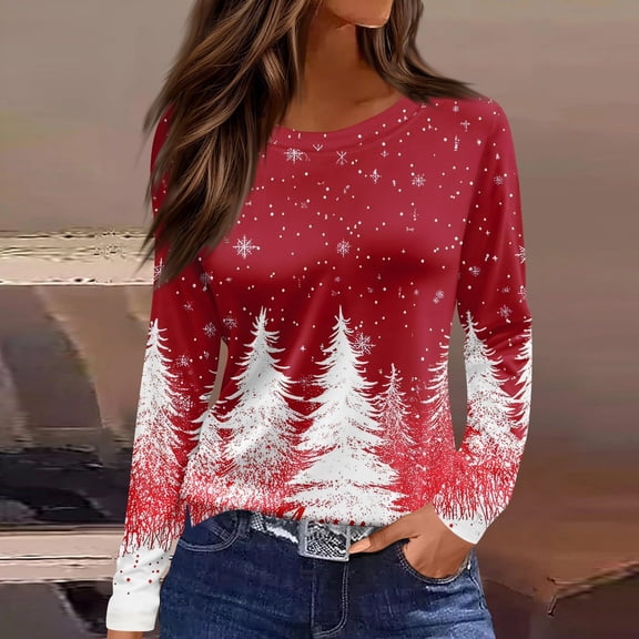 SYMOID Womens Red Christmas Long Sleeve Top - Stretchy Polyester Spandex with Snowflake/Christmas Tree Print, Plus Size Inclusive (S-XXXXXL),Size 2XL