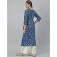 thumbnail image 6 of Janasya Indian Women's Blue Cotton Block Print Flared 3/4 Sleeve Round Neck Kurta, 6 of 7