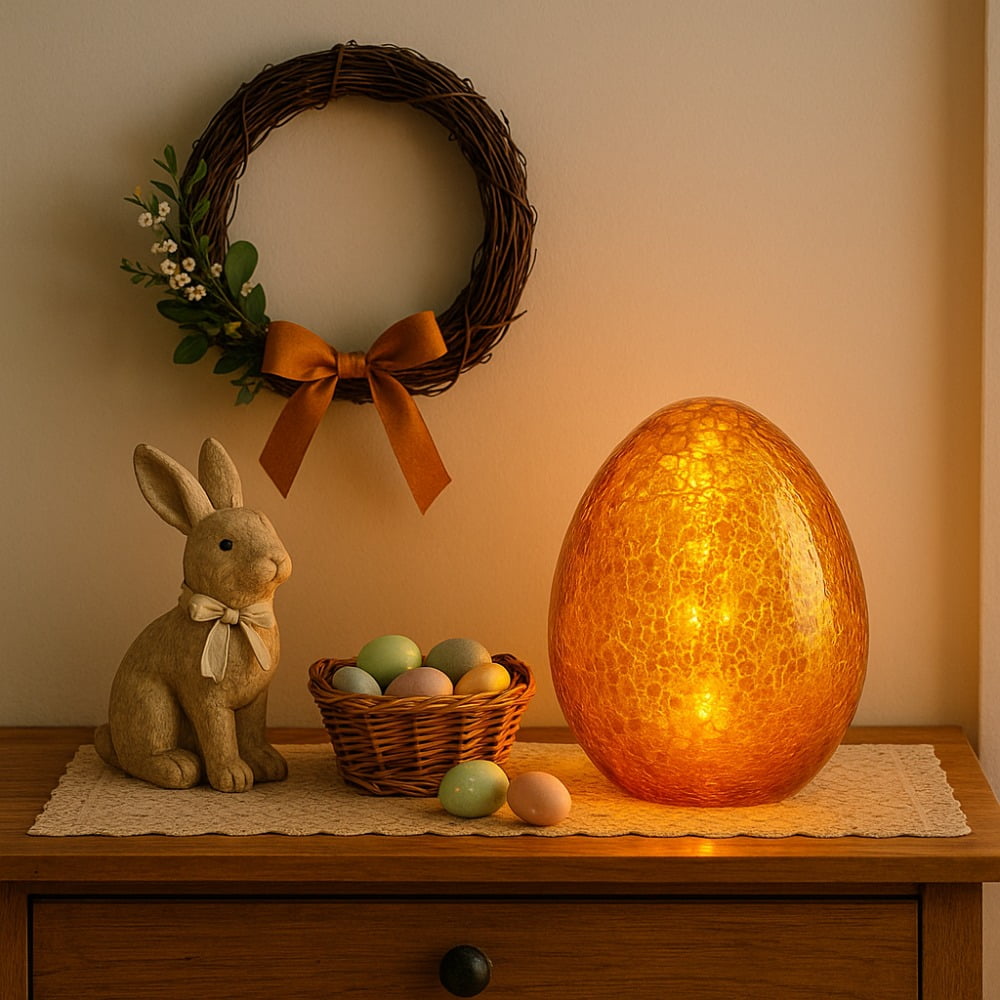 6 Inch LED Lighted Easter Egg Decor, Crackle Glass Illuminated Egg with Warm White Fairy Lights, Battery Operated Spring Table Centerpiece, Gold