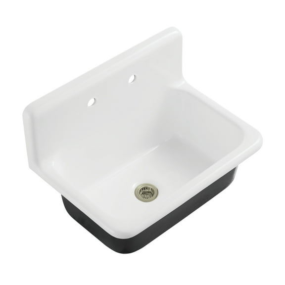 Kingston Brass Petra Galley KGCKWS3020108 Cast Iron Single Bowl Wall Mount Kitchen Sink with 2-Hole Drain and Strainer, White/Brushed Nickel