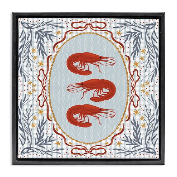 Stupell Industries French Country Prawn Trio on Blue Gingham Black Floating Frame Canvas Art, 18 x 18, by Vero Illustrates