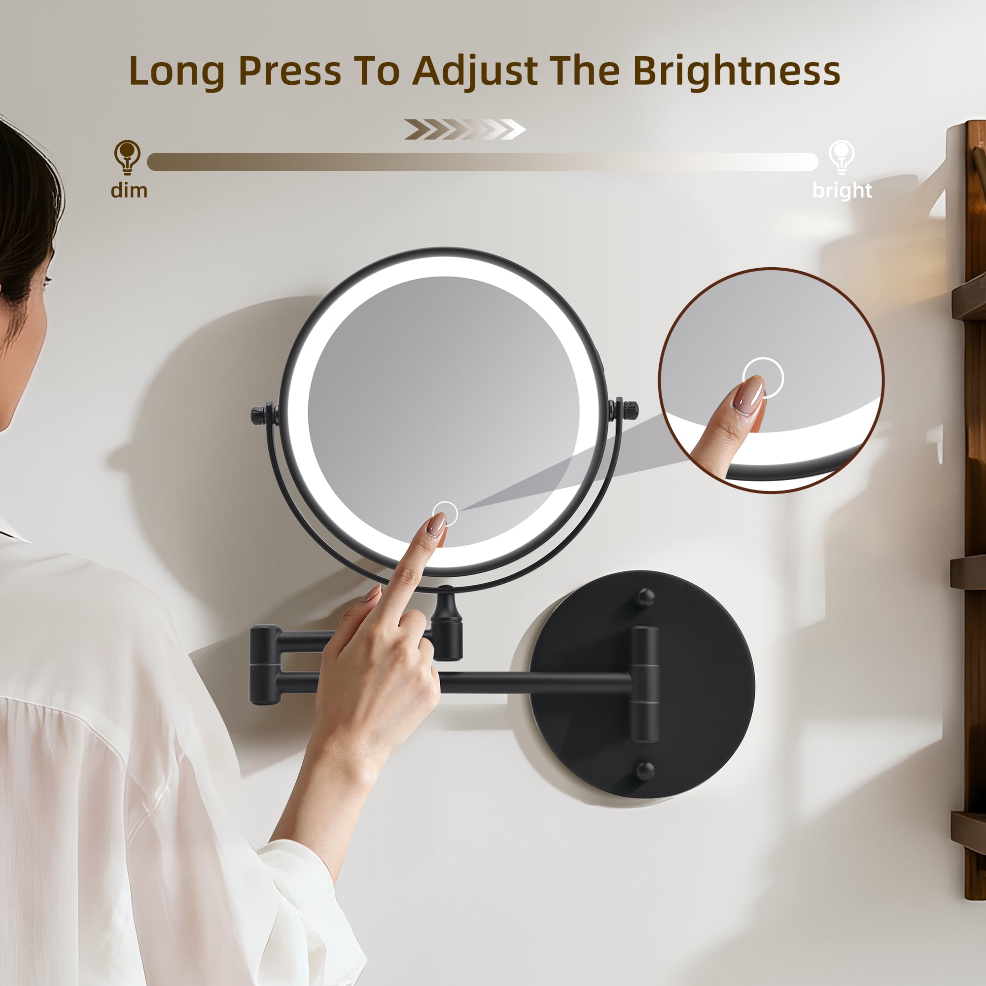 Rechargeable Wall Mounted Makeup Mirror with Lights and 10X Magnification, 360-Degree Swivel Bathroom Vanity Mirror, Black