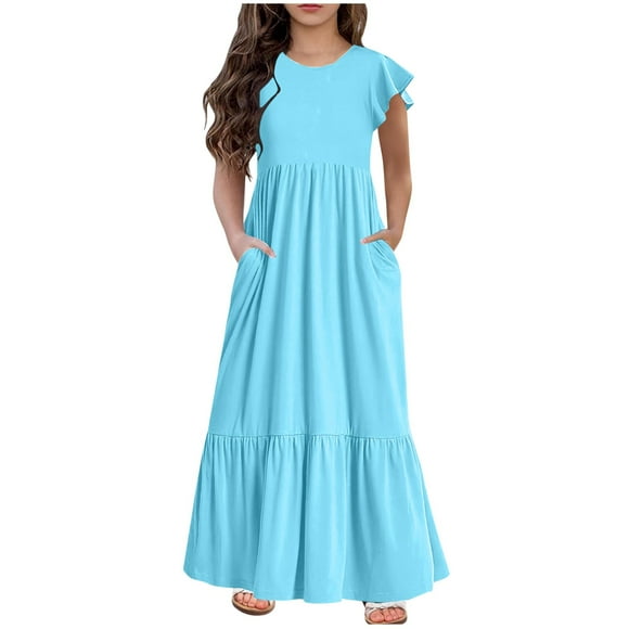 Huvoen Baby Girl Dress Fashion Girls Summer New Short Sleeves Round Neck Solid Color Dress Blue 130