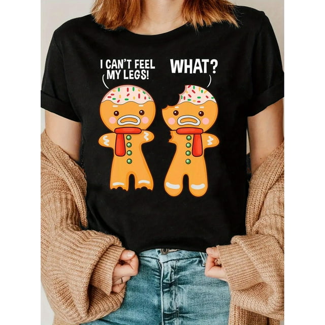 Camiseta de manga corta de punto para mujer, con estampado navideño de hombrecito de jengibre y repostería, informal, de cuello redondo, para todas las estaciones, con estampado de dibujos animados y