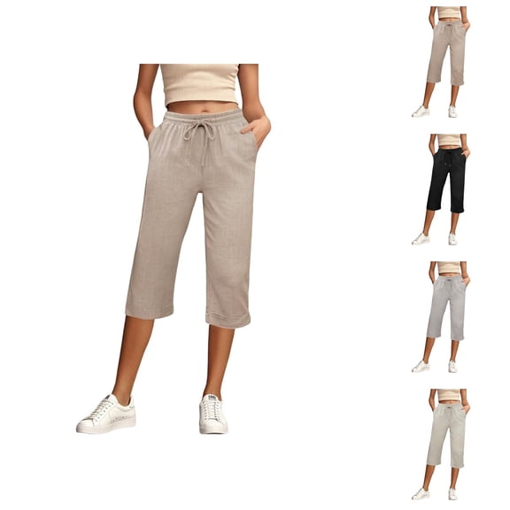 Capri Pants for Women 2025 Summer Elastic Waist Breathable Lightweight Linen Capris with Pockets Womens Cropped Pants