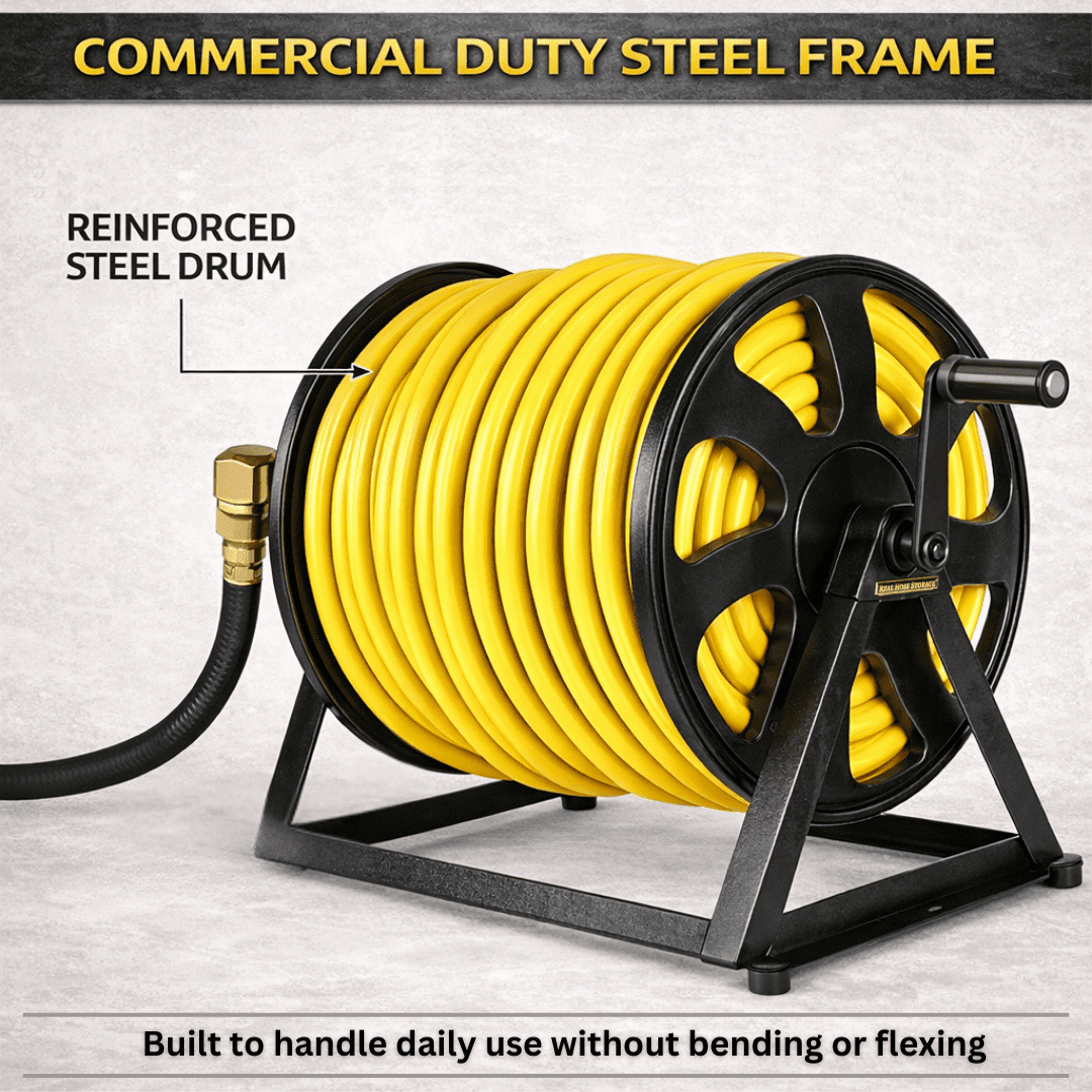 Dual Floor and Wall Mounted Garden Hose Reel, Holds 200ft of Water Hose, Heavy Duty Metal Hose Reel, Space Saving Hose Reel Organizer for Yard, Garage & Shed (Black)
