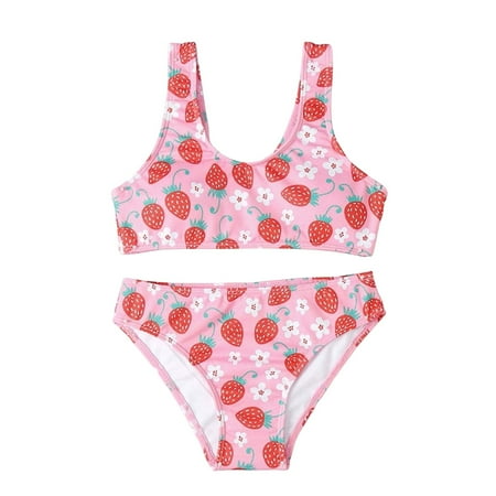 Toimothcn Swimsuit For Girls Sleeveless Casual Strawberry Printed 2 Piece Bikini Set Quickly Dry Cover Up Swimwear 5-6 Years