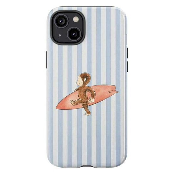 Cute Curious Monkey with Red Surfboard Phone Case, Cartoon Striped iPhone Cover for iPhone 17 16 15 14 13 12 11 Plus Pro Max Mini