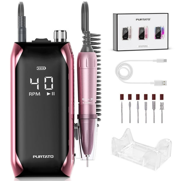 Taladro de uñas profesional Purtato de 40.000 rpm, recargable, con pantalla LCD, lima electrónica para uñas acrílicas, pulido y eliminación de gel, herramientas portátiles para manicura y hogar (rosa)