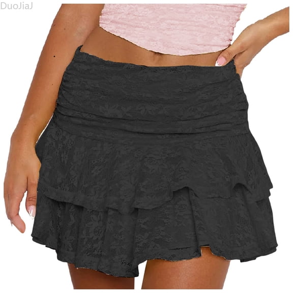 DuoJiaJ Women's Pleated Mini Skirt Lace High Waisted Ruffles Short Skirts Black L