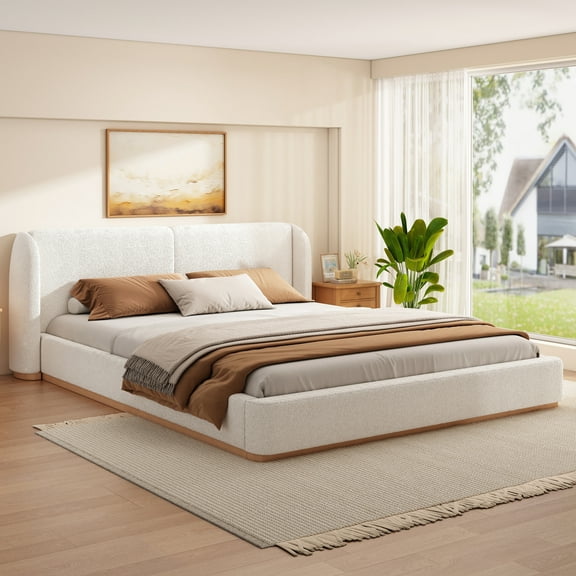 Christopher Knight Home King Bed Frame with Boucle Upholstered Wingback Headboard, Solid Wood Base, White
