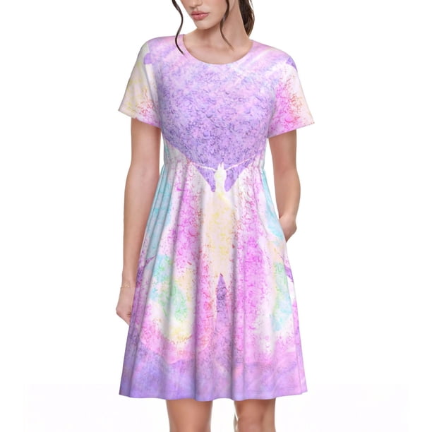 Disketp Purple Sparkling Butterfly para Vestido de Manga Corta para Mujeres, Vestidos de Verano para Mujeres, Casual y Holgado para la Playa