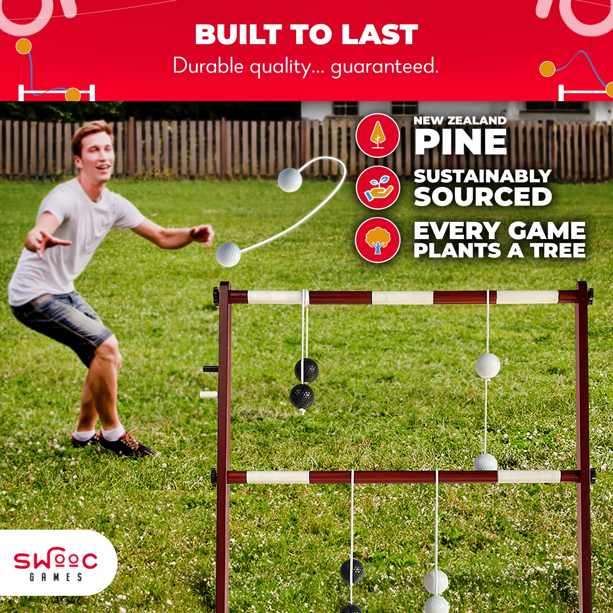 Swooc Games® - Premium Wooden Ladder Ball Game Set (Weather Resistant) - 10 Games Included & Carrying Case - Easy, No Tool Assembly - Ladder Toss Outdoor Game - Hillbilly Golf Backyard Fun