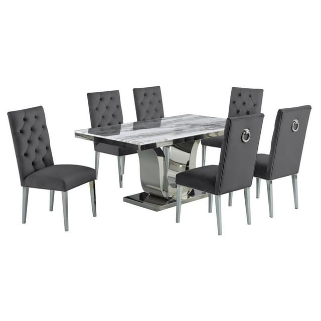 White Marble 7 piece Dining Set with Silver Stainless Steel Base
