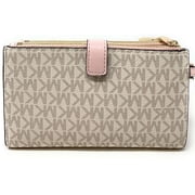 Michael Kors Jet Set Travel Leather Logo Large Double Zip Wristlet Wallet (Vanilla/Powder Blush)