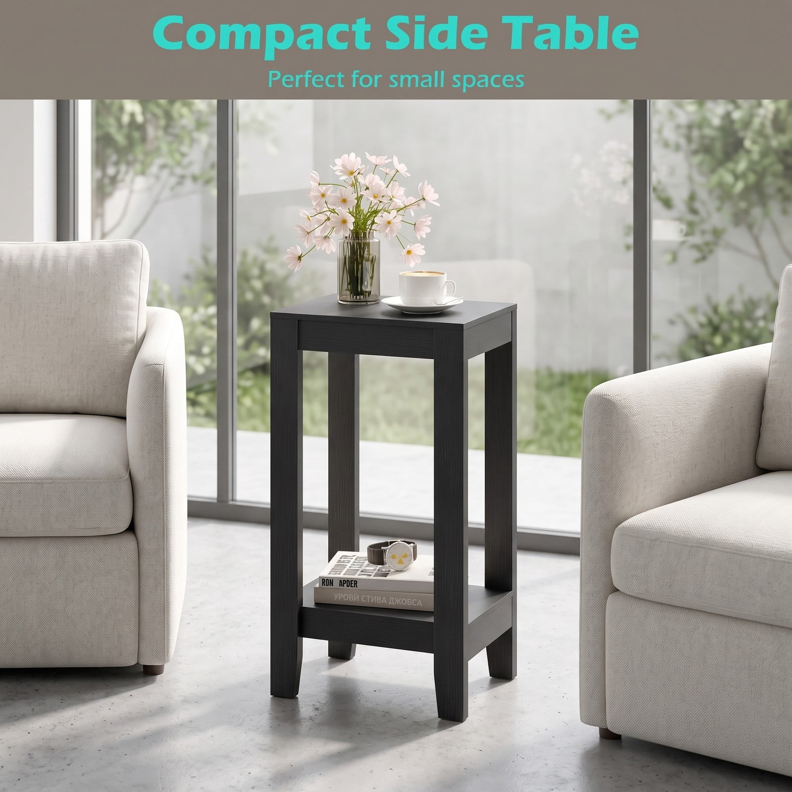 Furnibear 2-Tier Nightstand End Side Table with Wooden Legs and Bottom Storage Shelf for Bedroom Living Room, Compact Anti-Toppling Sofa Side Accent Table, Black