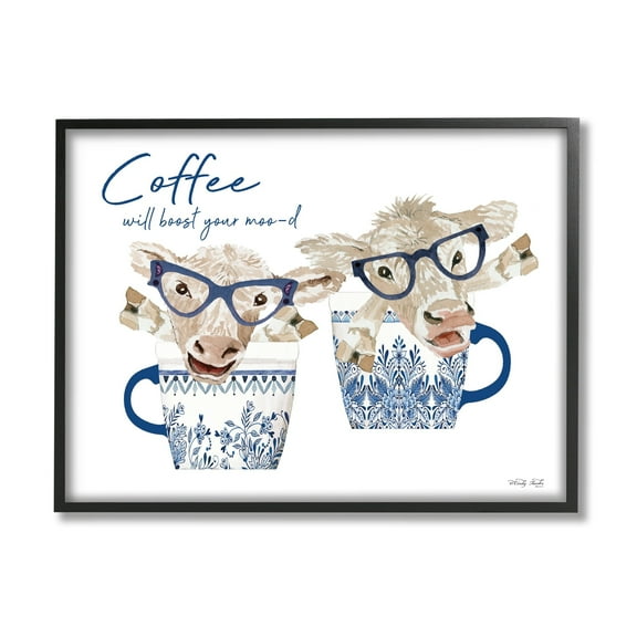 Stupell Industries Boost Your Moo-d Humorous Farmhouse Cow Coffee Mugs Graphic Art Black Framed Art Print Wall Art, Design by Cindy Jacobs