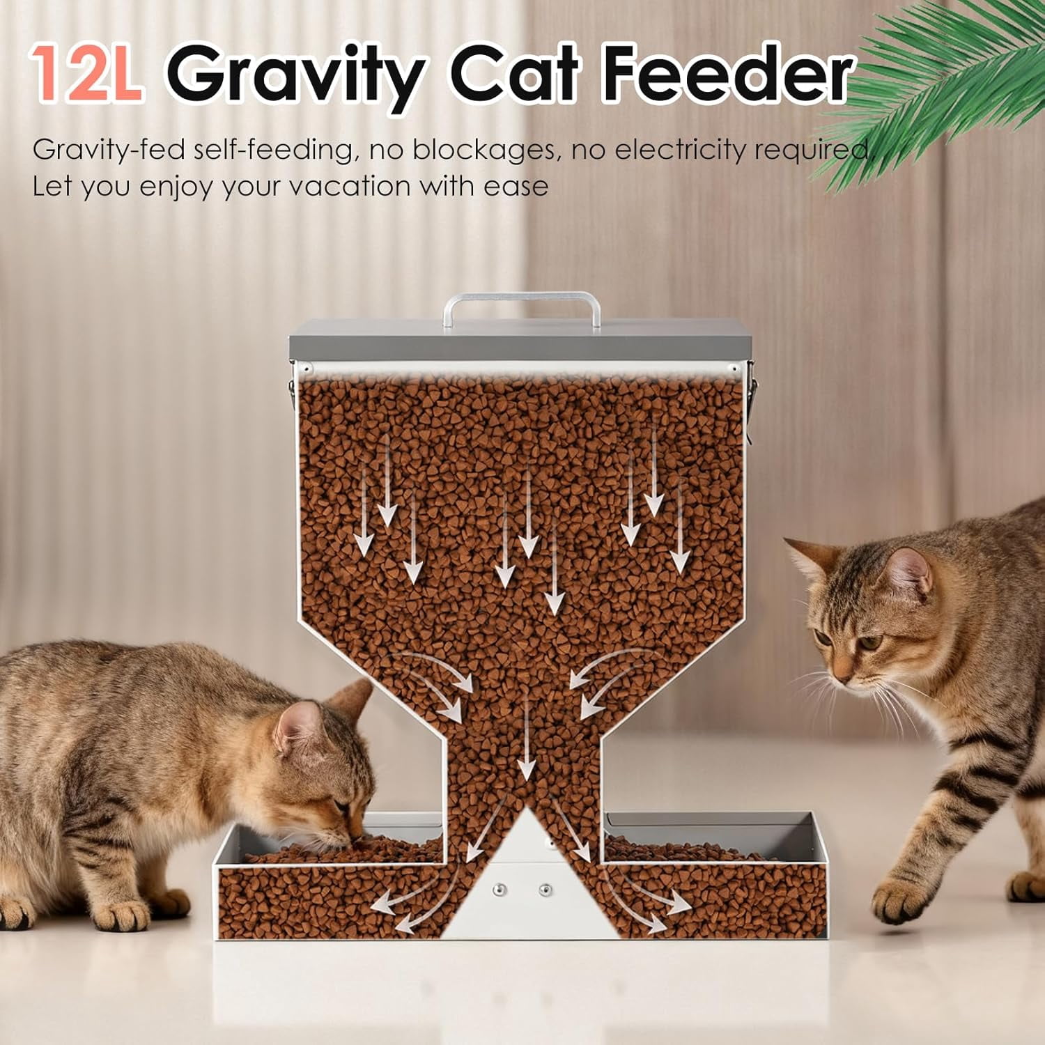 Automatic Cat Feeder for 2 Cats - 12L Gravity Dual Pet Food Dispenser with Visible Window & Sturdy Galvanized Steel Design for Indoor Outdoor Use