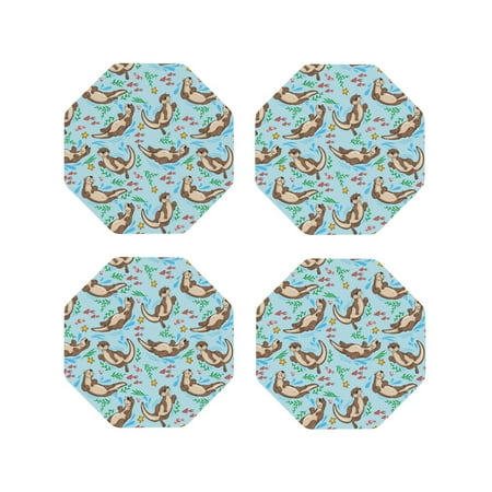 

Fuzoiu Cute Otters Print Leather Coasters Set Drink Coasters Set of 4 for Tabletop Protection Durable PVC Coasters Home Décor and Housewarming Gift-Octagon