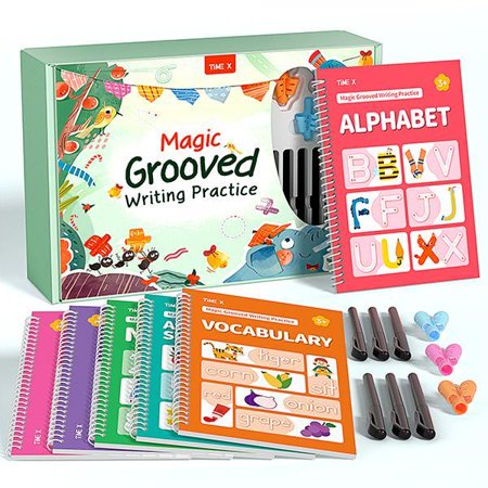 TIMEX Reusable Grooved Handwriting Workbook for Kids, Learning Materials, 6 Books–Early Elementary, Covers Math, Words, Drawing –Gift for Children