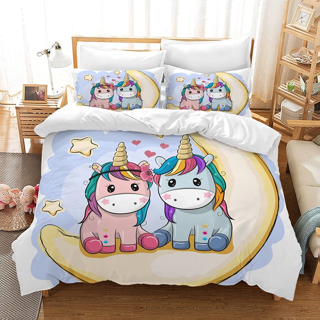 Juego de Cama Infantil de Microfibra Suave con Cierre de Cremallera, Juego de Cama de Unicornio para niñas, 200 x 200 cm, Luna de Unicornio Azul JM