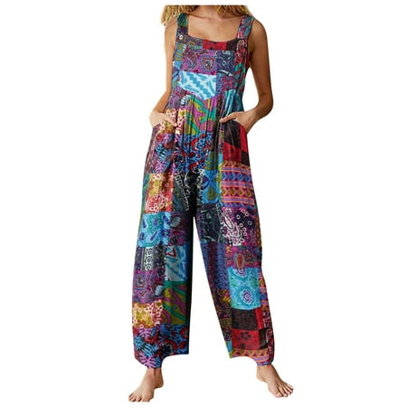 

Women Summer Loose Overalls Sleeveless Adjustable Plus Size Jumpsuit Romper with Pockets