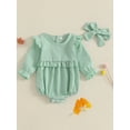 thumbnail image 2 of aturustex Toddler Baby Girls Bubble Rompers Outfits 0 3M 6M 12M 18M Infant Crew Neck Bodysuits Long Sleeve Romper Classic Plaid Jumpsuits with Headbanasual 2Pcs Daily Spring Fall Clothes Set, 2 of 7